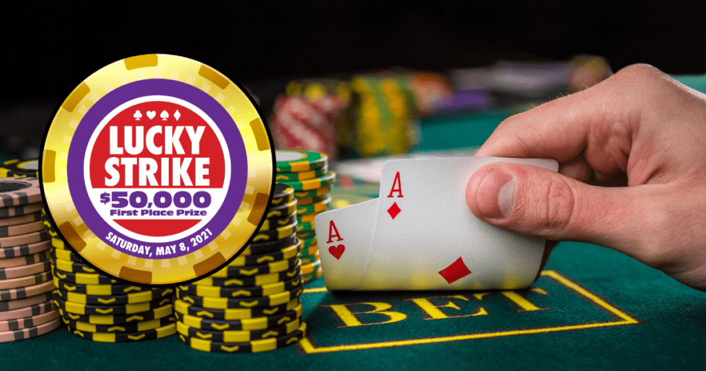 Image of 2 aces on a poker table with a stack of chips next to them with the Lucky Strike Charitable Poker Tournament logo overlaid on top