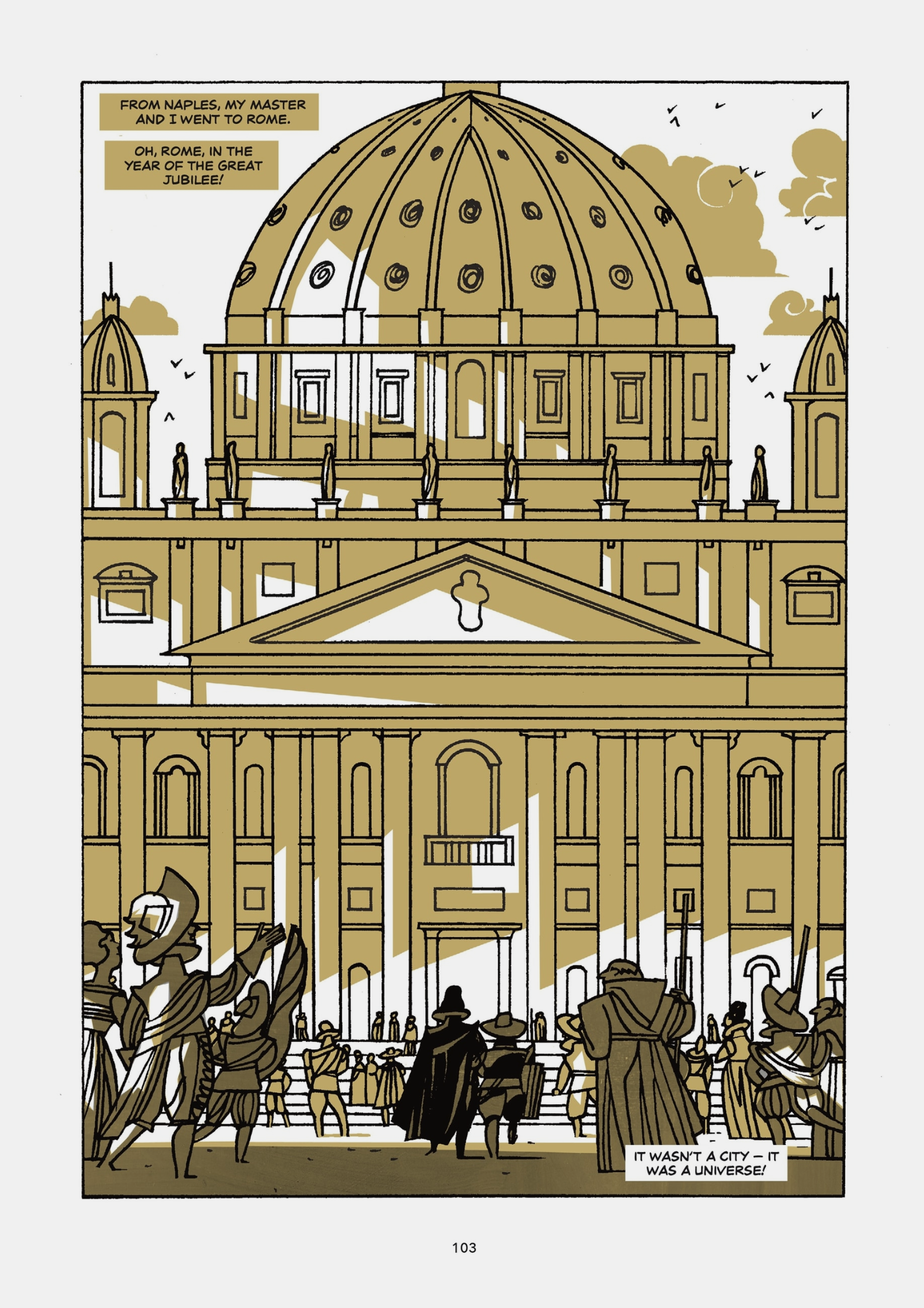 a panel from the graphic novel showing a building with a dome in Rome, drawn in black, white, and gold
