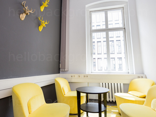 Personal meeting space decorated by miniture stagg wall mountings with yellow modern seating and round middle table Zoom background