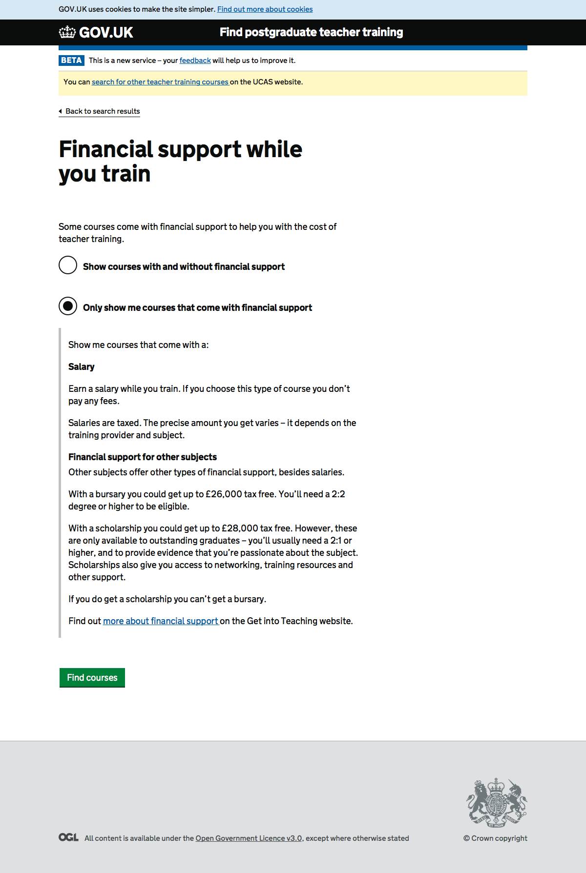 Screenshot of Financial support