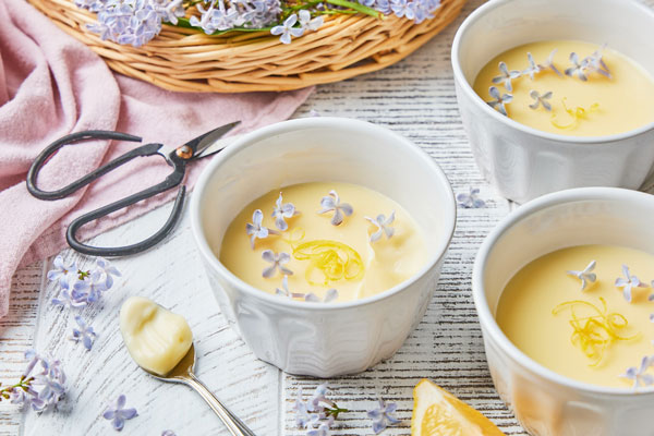 Creamy Lemon Possets Infused With Lilac Olive Mango