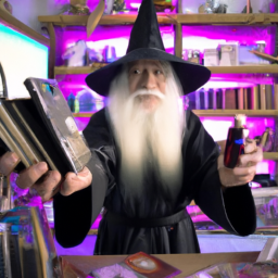 an old wizard holding up a VCR videocassette into the camera standing in his chemical laboratory, digital art