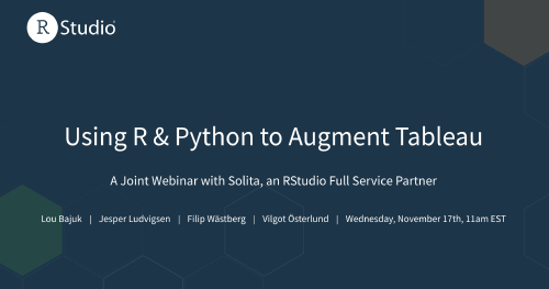 Thumbnail Using R & Python webinar announcement with speakers and a blue background with faded hexes