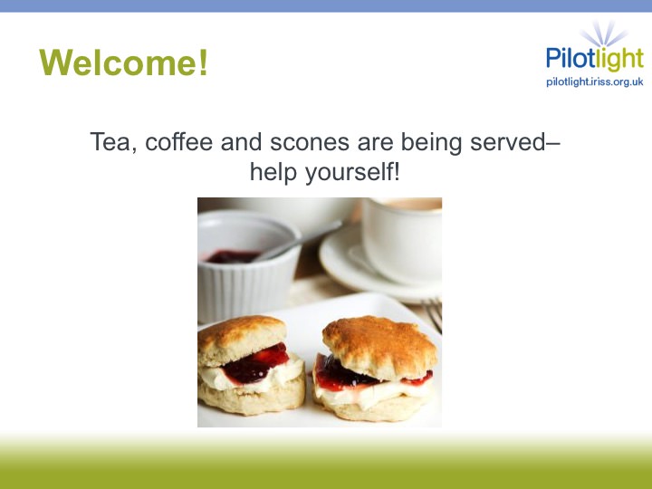 Welcome slide with image of tea and scones