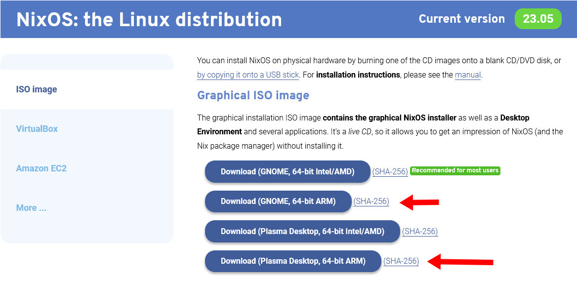 Screenshot of 64-bit ARM download links on NixOS download page