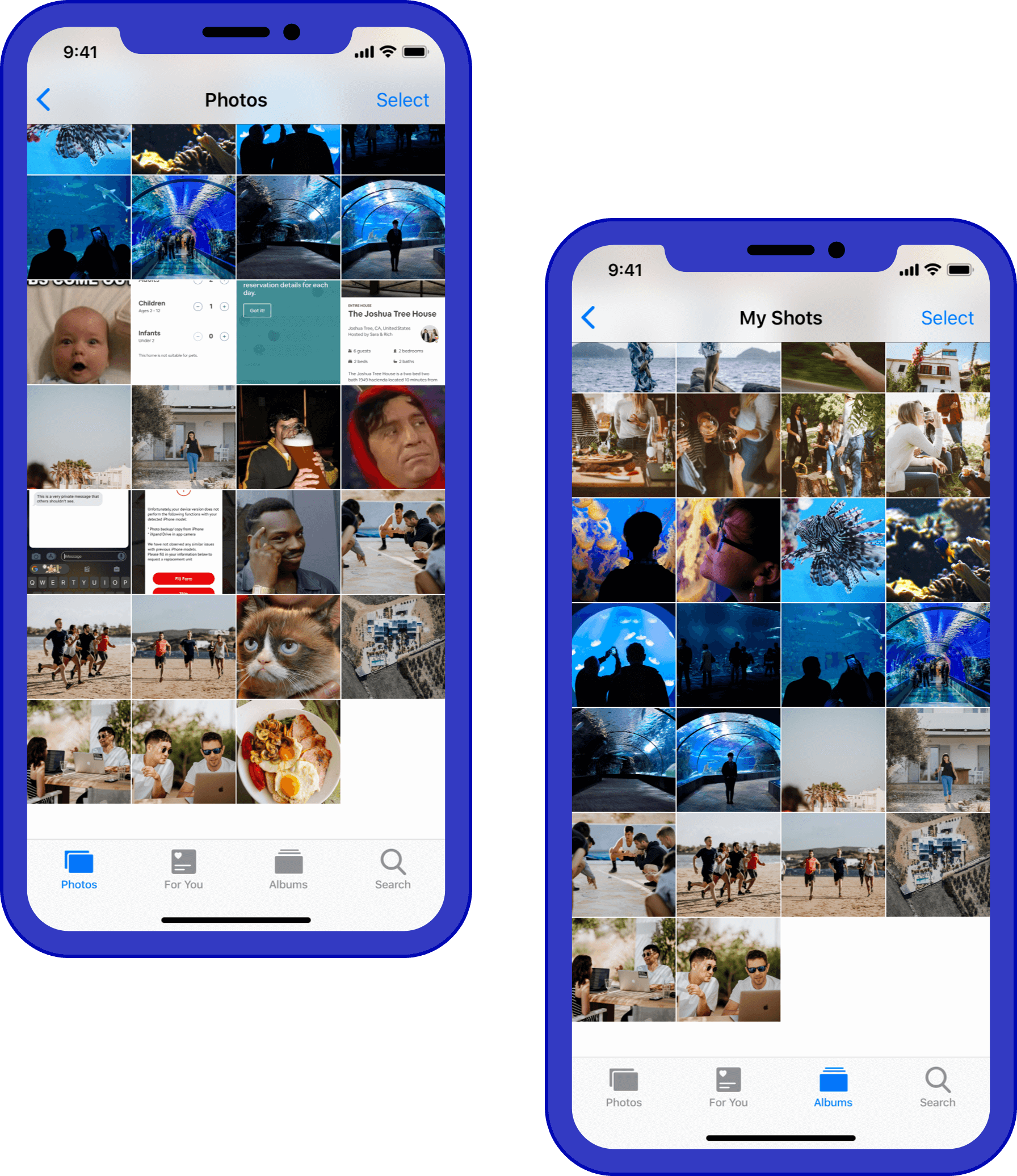 Simulação de dois iPhones: um com o rolo da câmera bagunçado e outro com o álbum mostrando apenas as fotos tiradas naquele telefone.