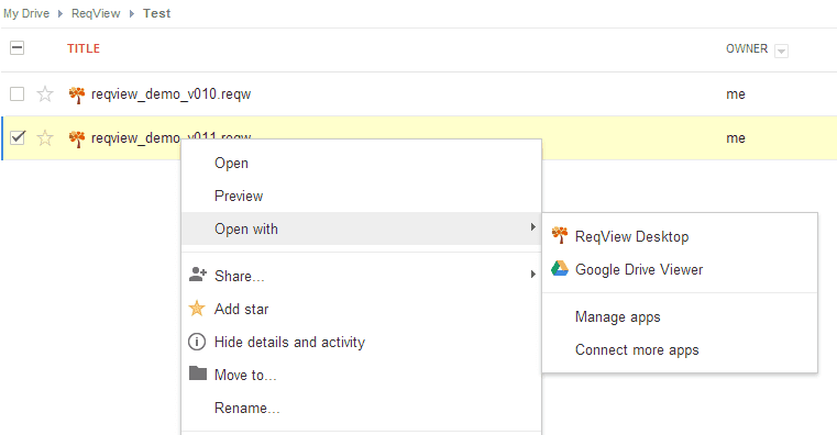 Menu: Open ReqView document form Google Drive