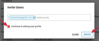 A screenshot showing the location of the _Continue to editing user profile_ checkbox and the _Invite_ button