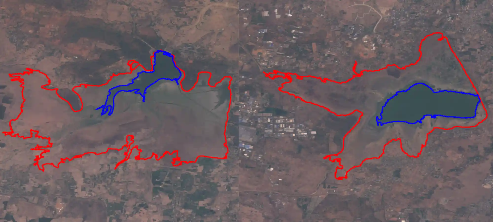 The image on the left shows Sathyamoorty Sagar lake on 31 May 2019, whereas the image on the right represents Chembarambakkam Lake on the same day