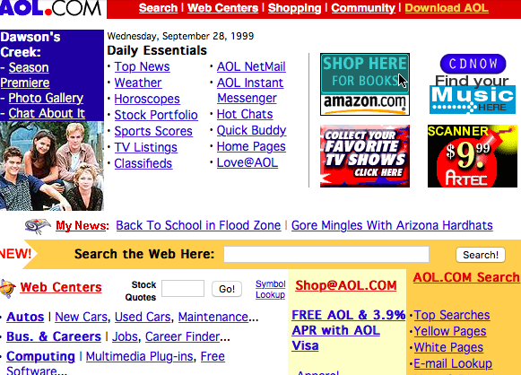 AOL landing page from 1999, comprised of mostly low-resolution graphic ads and blue underlined links to different parts of the web