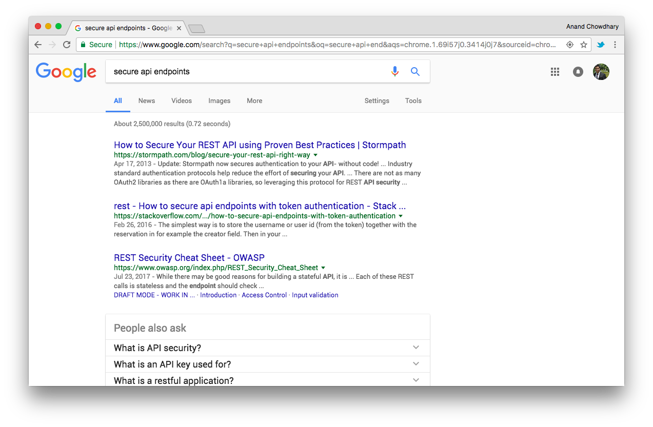 Screenshot of Google Search results for 'secure api endpoints'