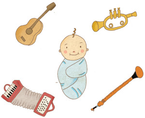 Illustration of Baby with Musical Instruments - Music for Babies