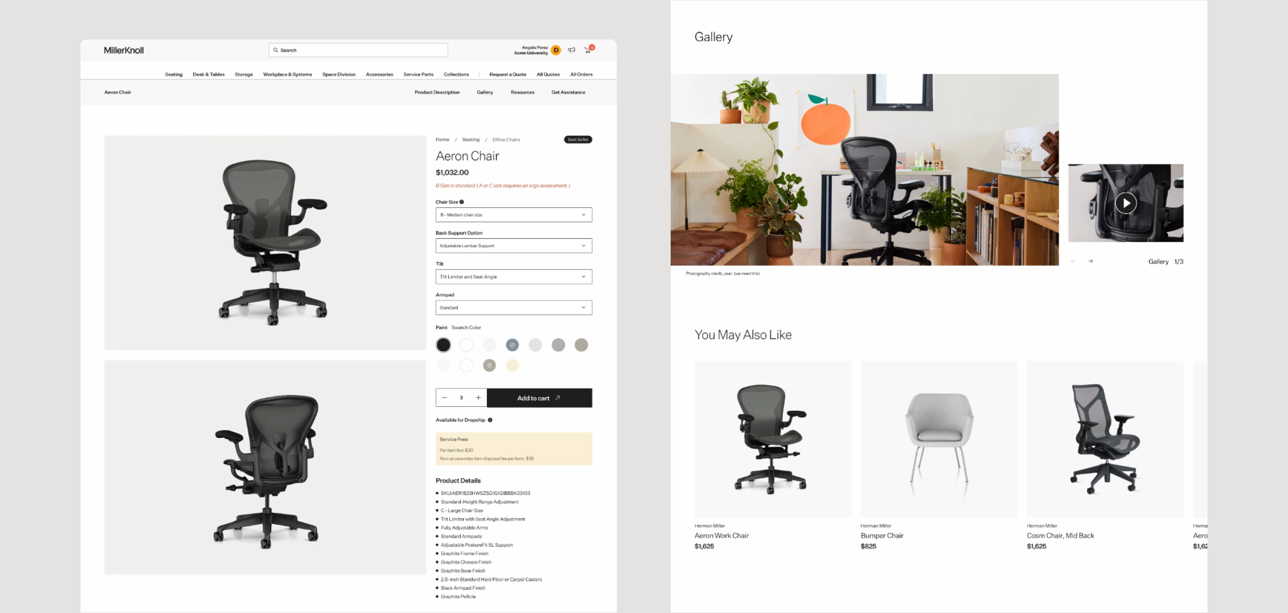 Millerknoll e-commerce store UI and product images.