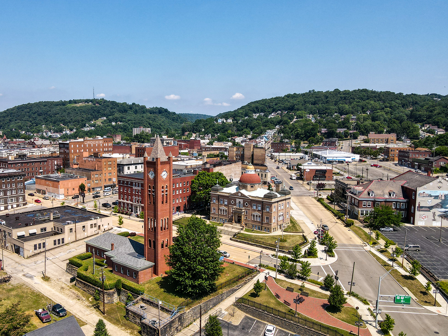 An overhead drone view of downtown East Liverpool featuring a number of recognizable buildings