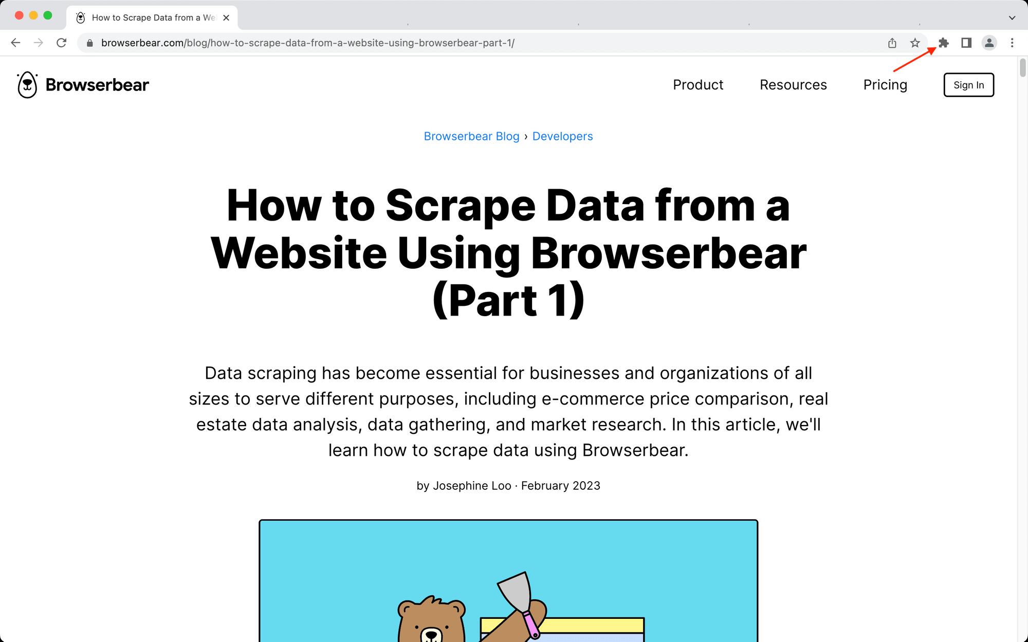 Screenshot of Browserbear blog article with red arrow pointing to jigsaw