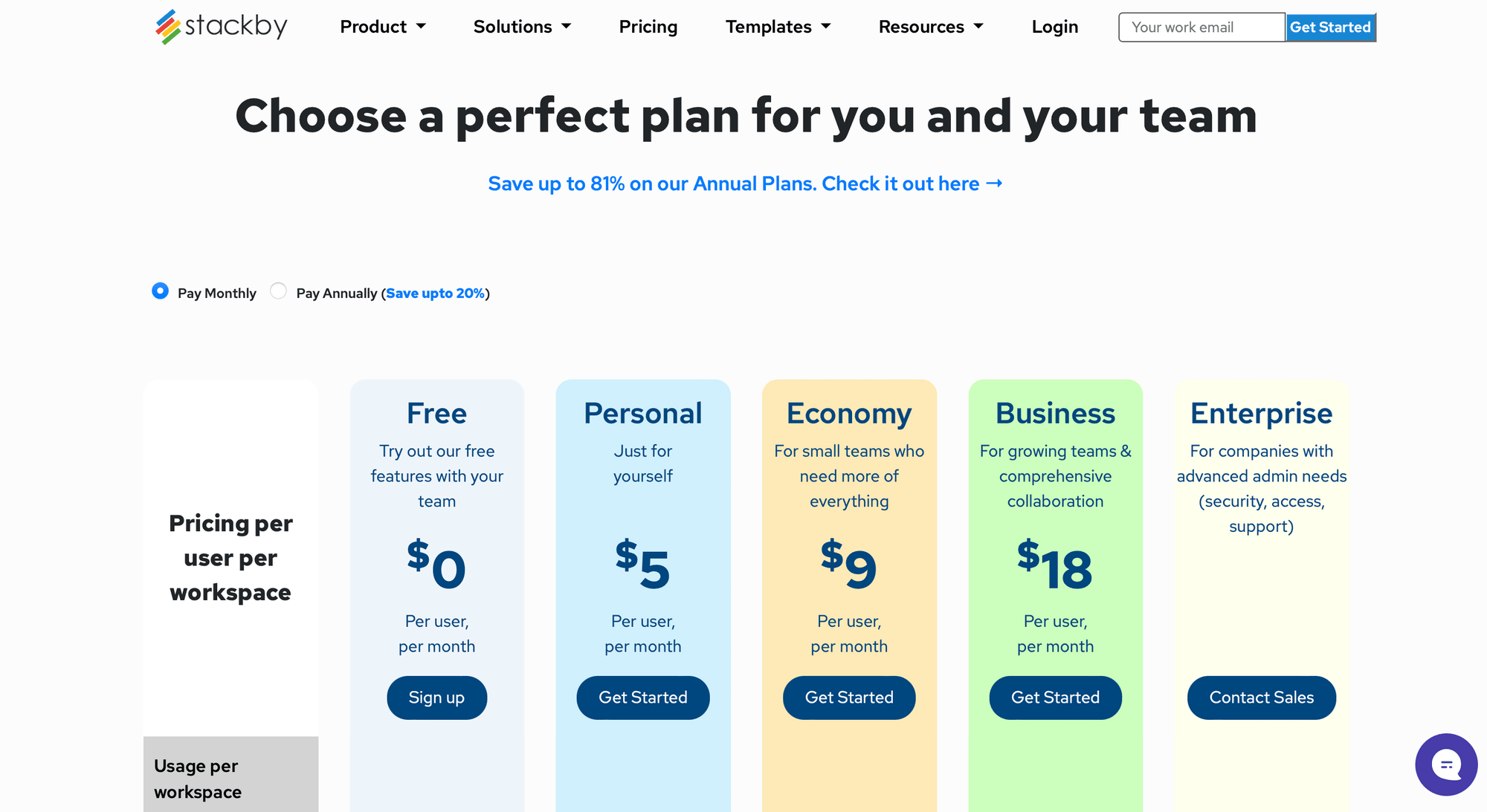 Screenshot of Stackby pricing page