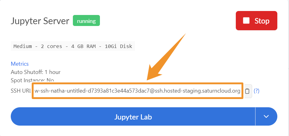 Screenshot of Jupyter Server card with server running, arrow pointing to SSH URL shown, with box encircling it