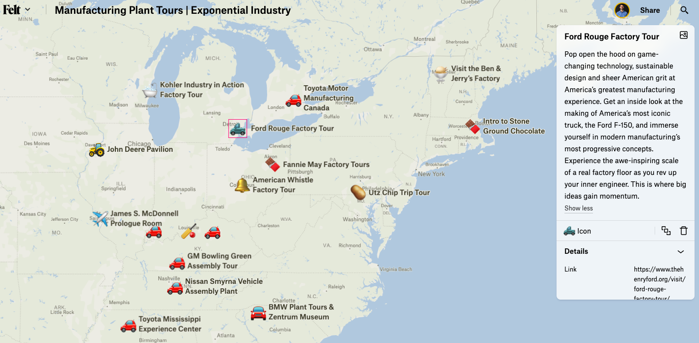 An interactive map of manufacutring plant tours throughout the world. Visit the Ford Rouge Factory Tour in Dearborn, Michigan and many more!