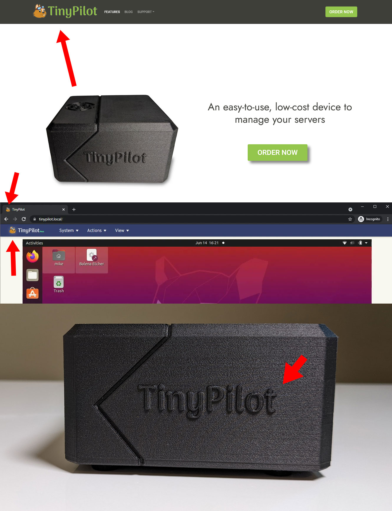 Photos of TinyPilot website, app interface, and case showing the old logo