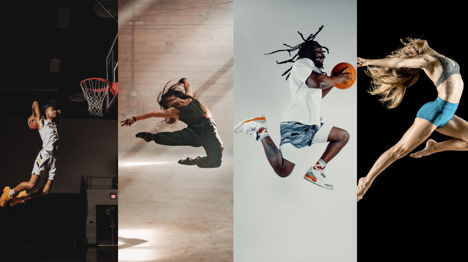 Two basketball players and two dancers jumping in poses