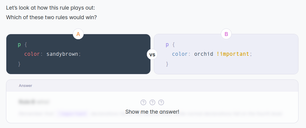 screenshot of the question and answer widget from The CSS Cascade visual essay