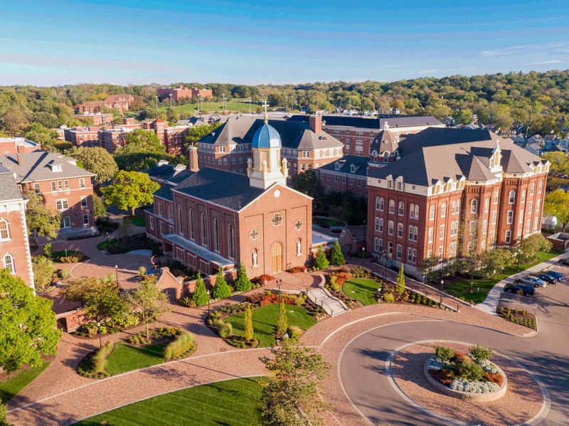 An aerial view of the Chapel of the Immaculate Conception on the University of Dayton campus