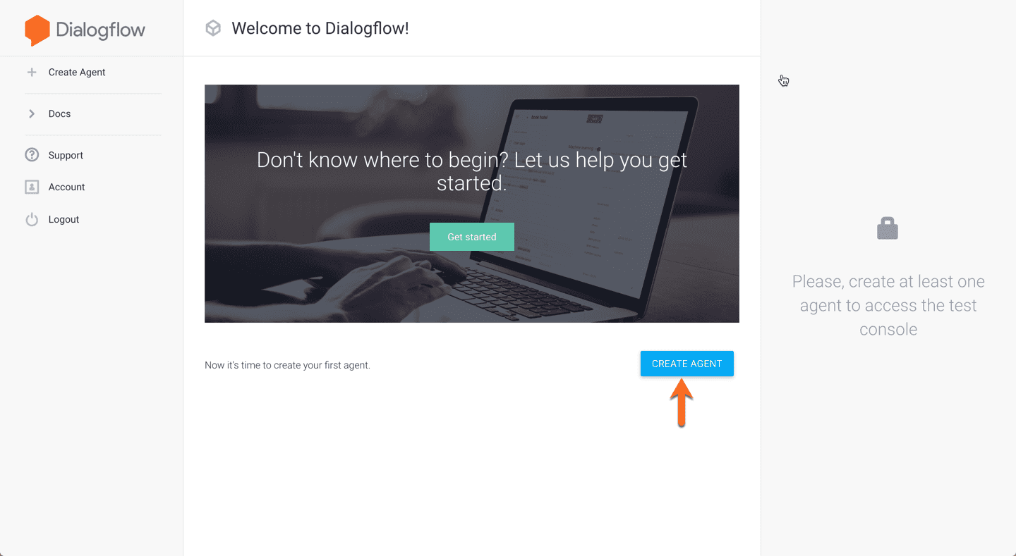 Creating a new agent in Dialogflow