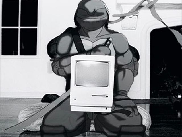 A ninja turtle meditating with an Apple computer,
like the Rolling Stone photo
of Steve Jobs
