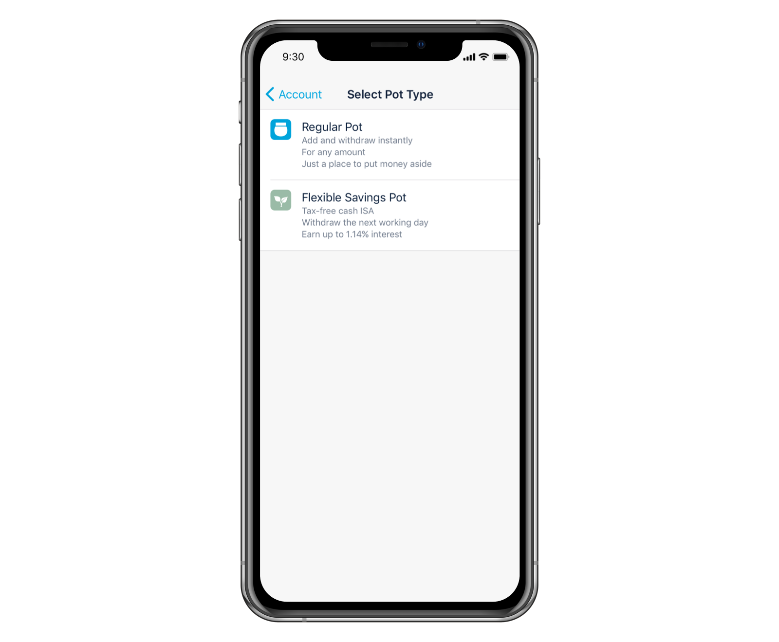 Screenshot of choosing an account type