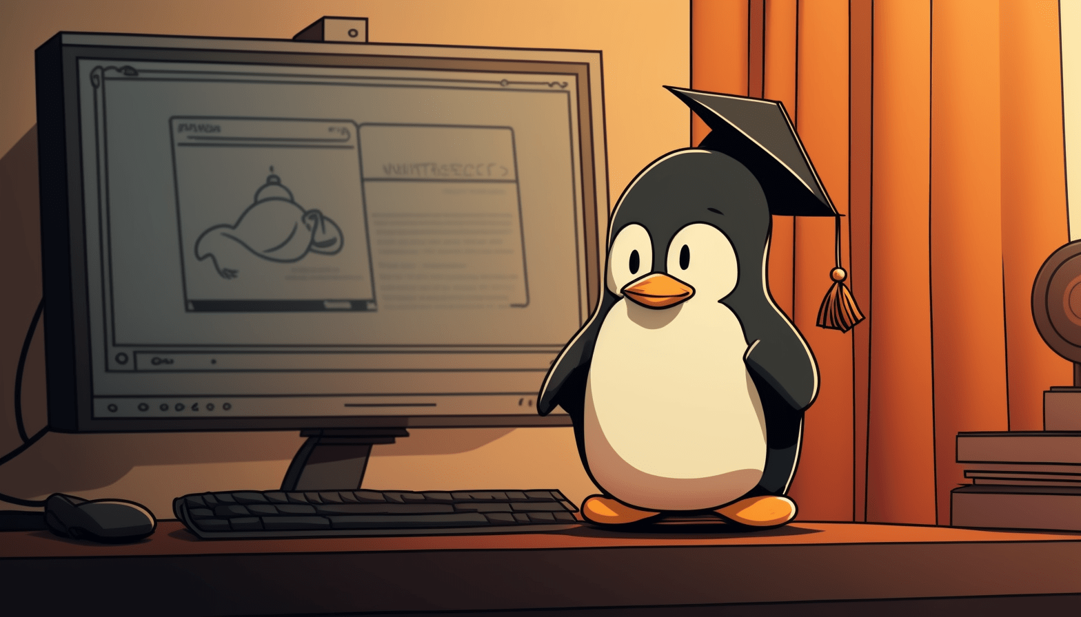 A cartoon image of a penguin with a graduation cap, holding a diploma and standing in front of a computer with a Linux desktop environment in the background.