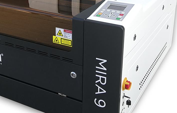 Aeon Mira 9 CO2 laser cutter right panel with e-stop and key