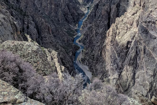 A view down the Gunnison, through the steep, broken walls of the Black Canyon.