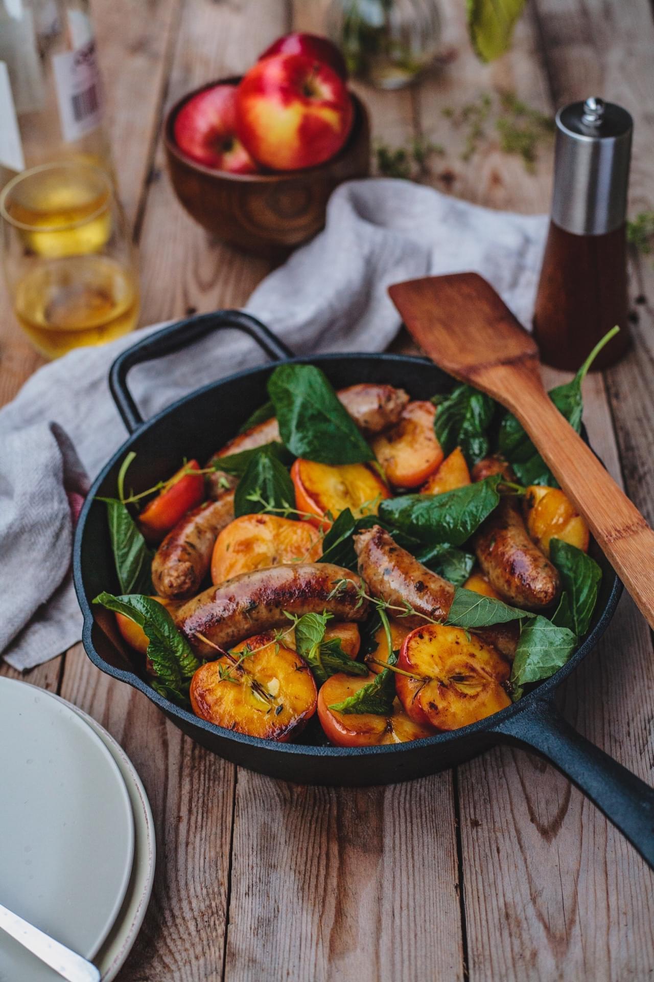 Pan Seared Sausages, Apples With Honey And Greens 