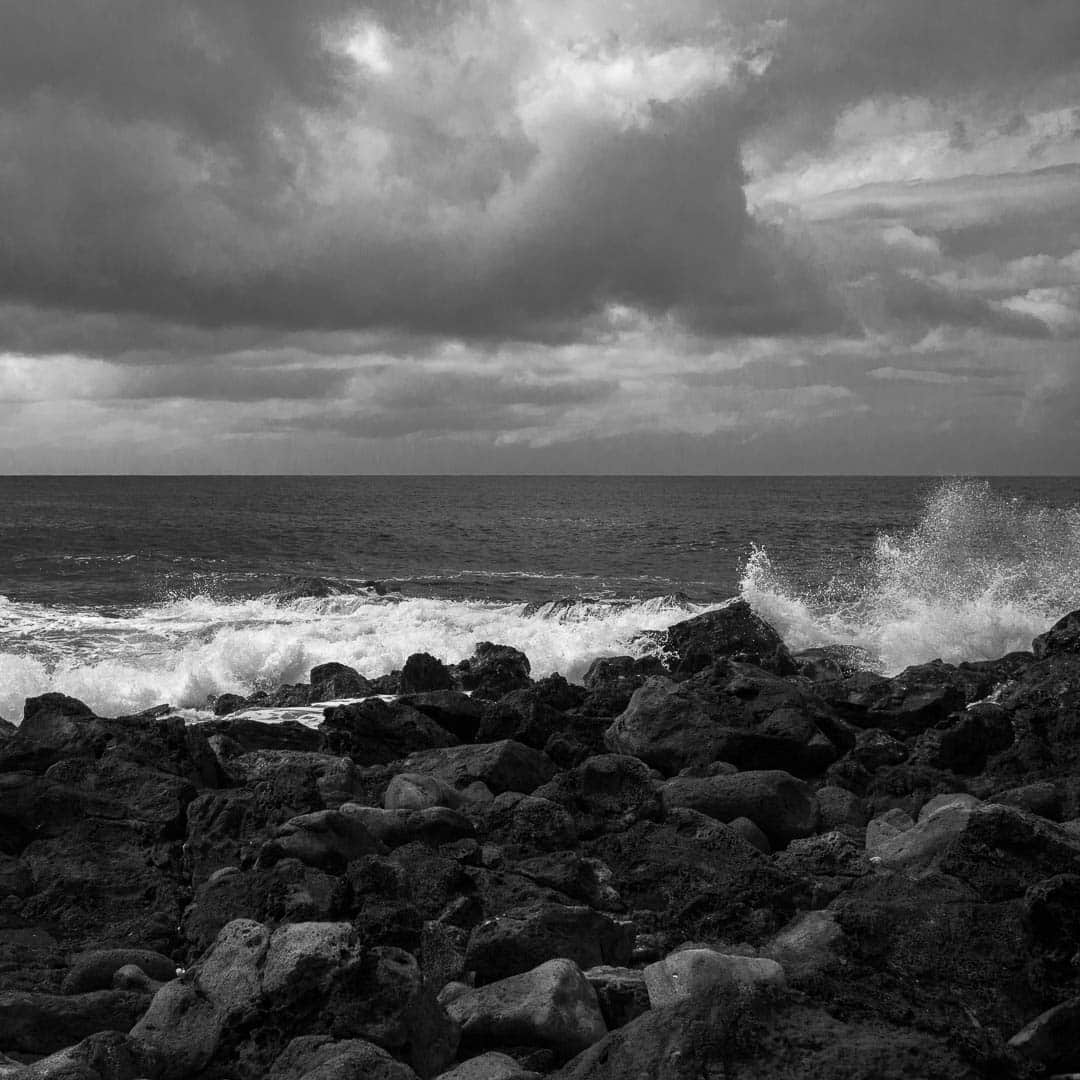 Black and white photo of a rocky shore