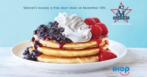 IHOP stack of pancakes with blueberries, strawberries and whip cream for veterans day