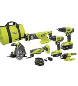image RYOBI ONE 18V Lithium-Ion Cordless 6-Tool Combo Kit with 2 Batteries Charger and Bag