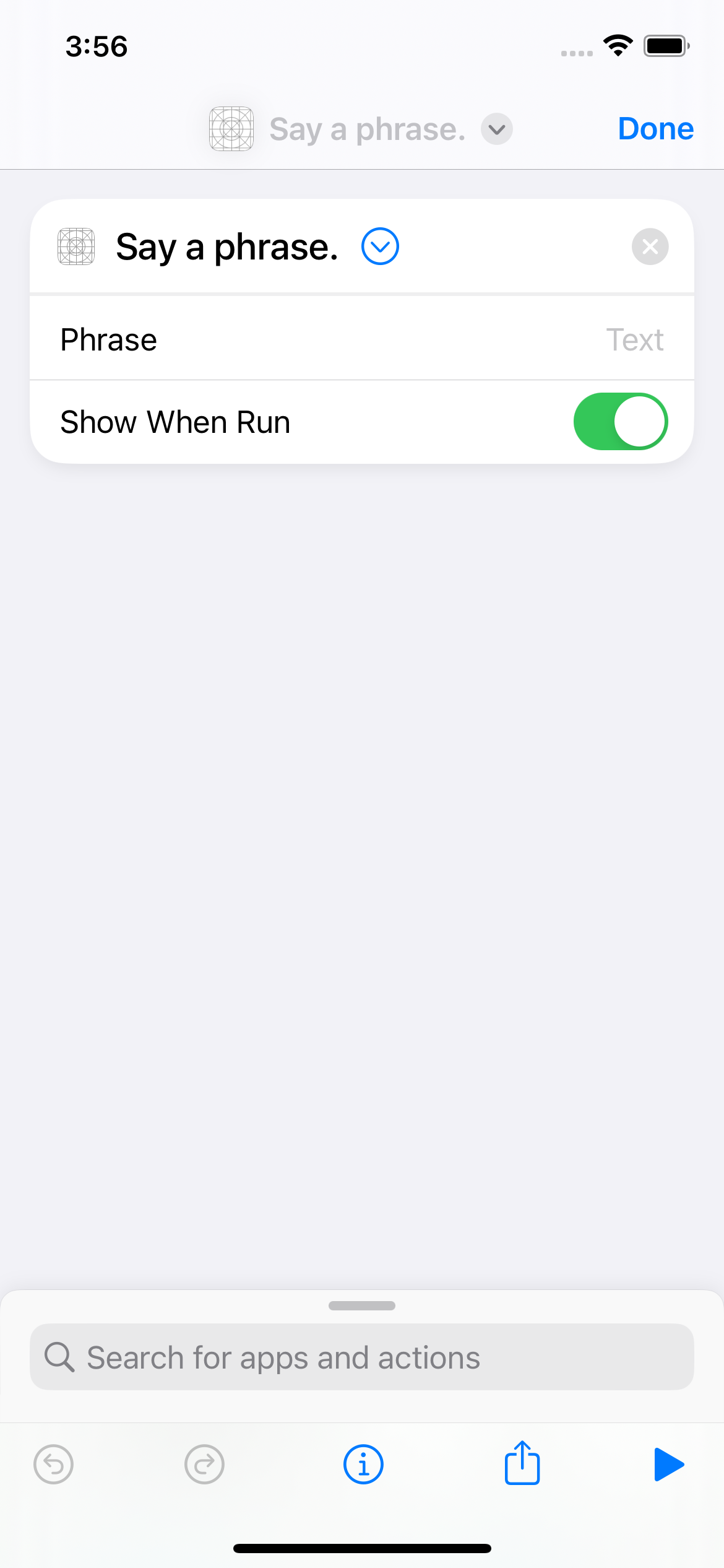 Siri Shortcuts app running a custom shortcut created from App Intents.