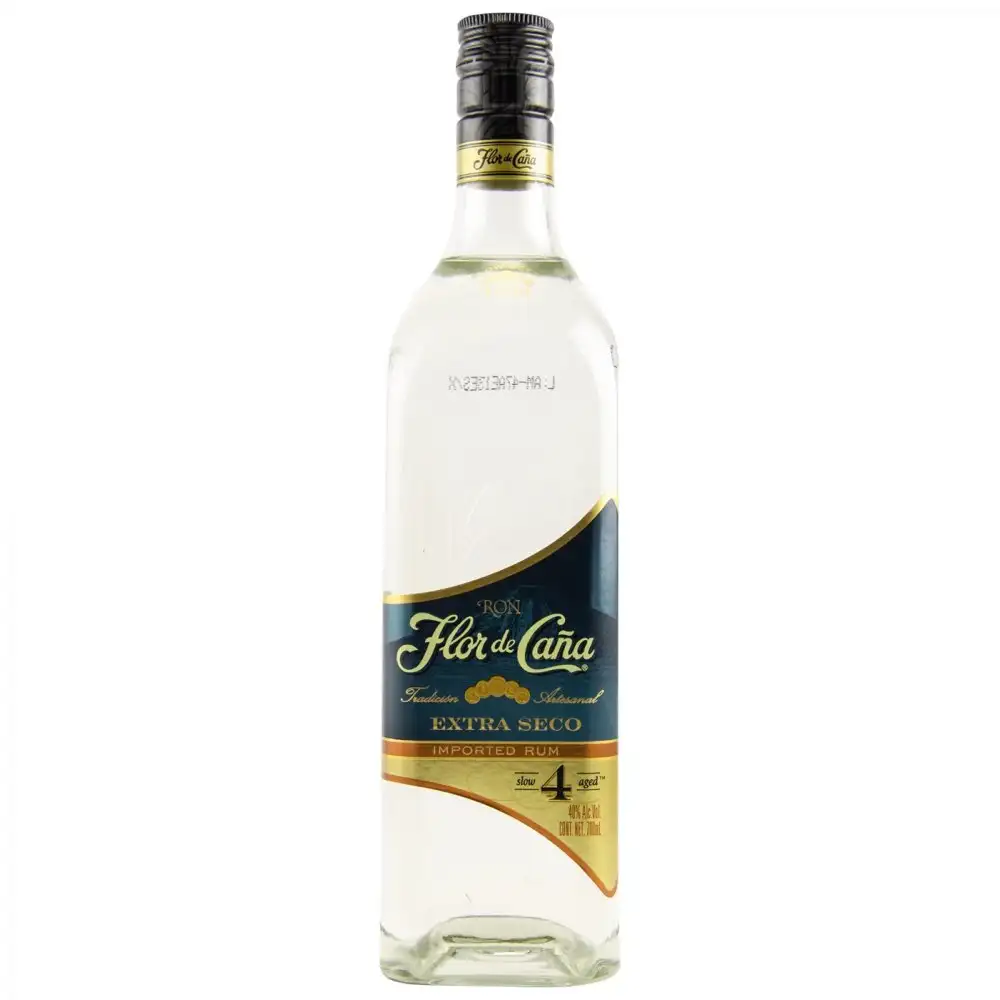 Image of the front of the bottle of the rum Flor de Caña 4 Años Extra Seco
