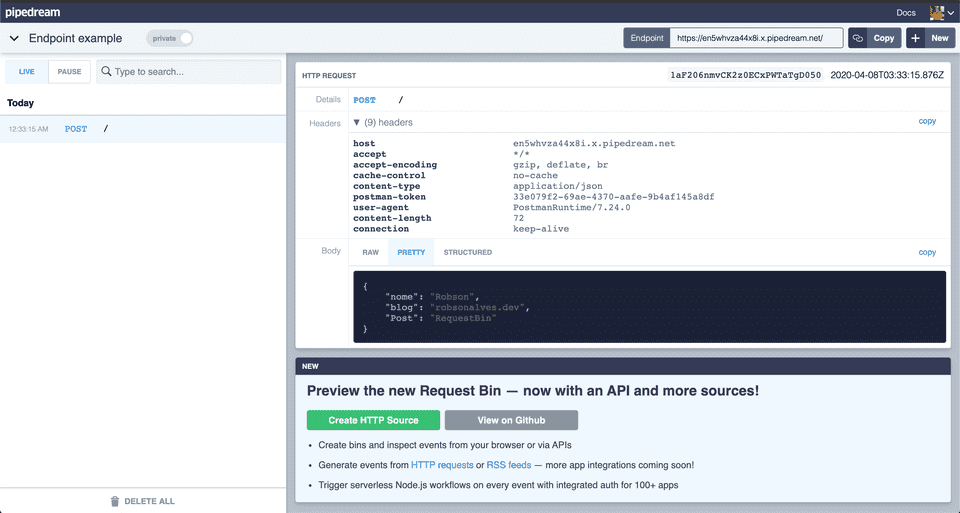 Painel do requestbin exibindo os dados da requisição recebida