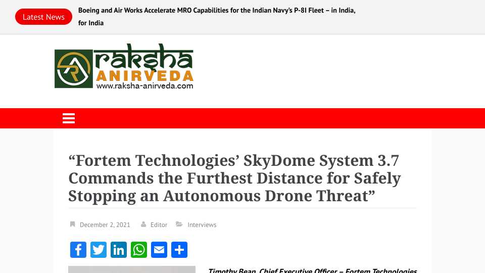Fortem Technologies' SkyDome System 3.7 Commands the Furthest Distance for Safely Stopping an Autonomous Drone Threat