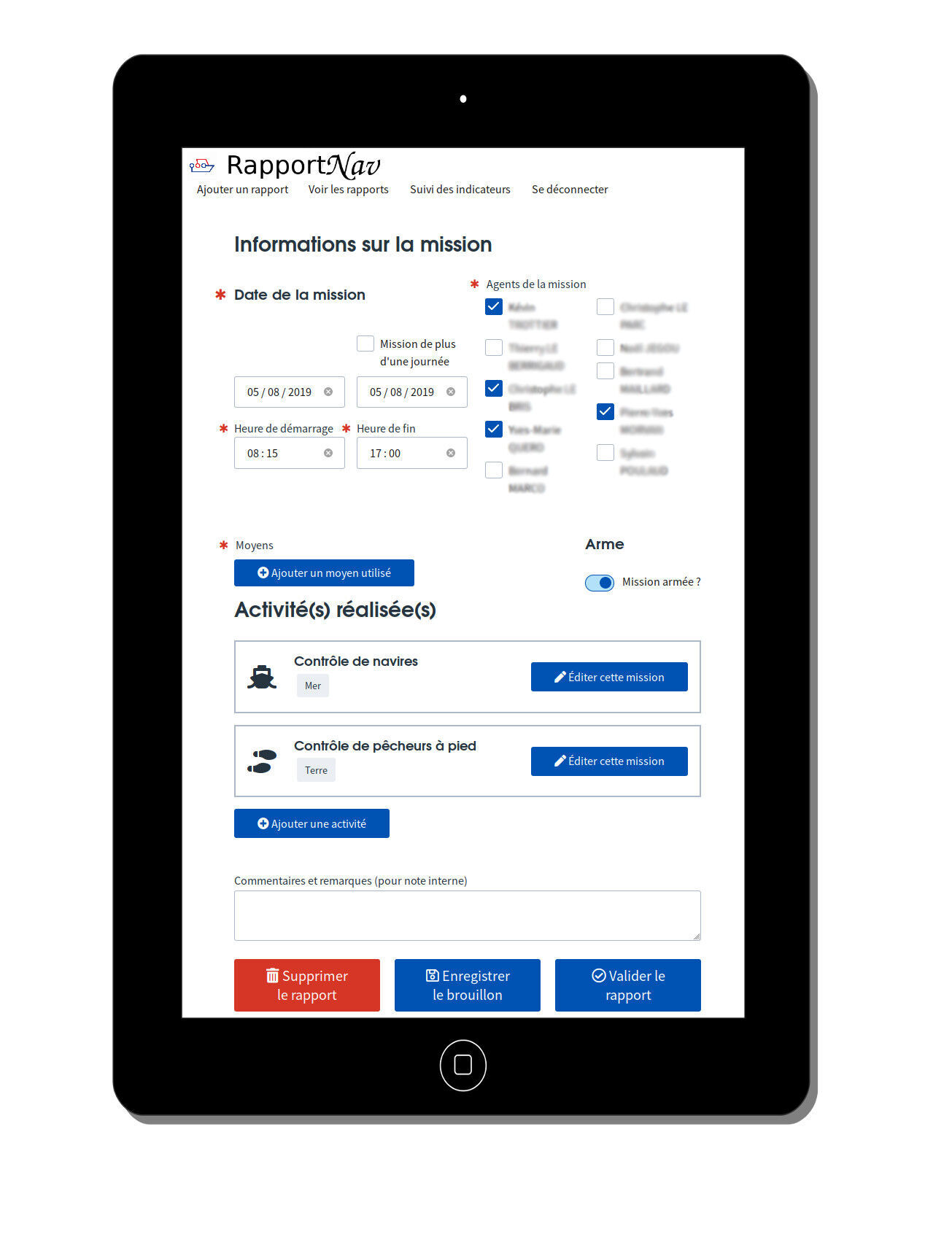 Outil de rapport de mission de contrôle