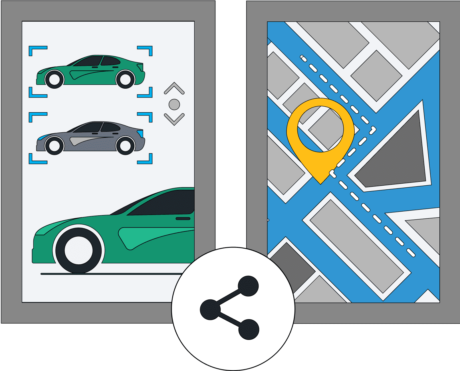 Example application screens of vehicle selection and maps