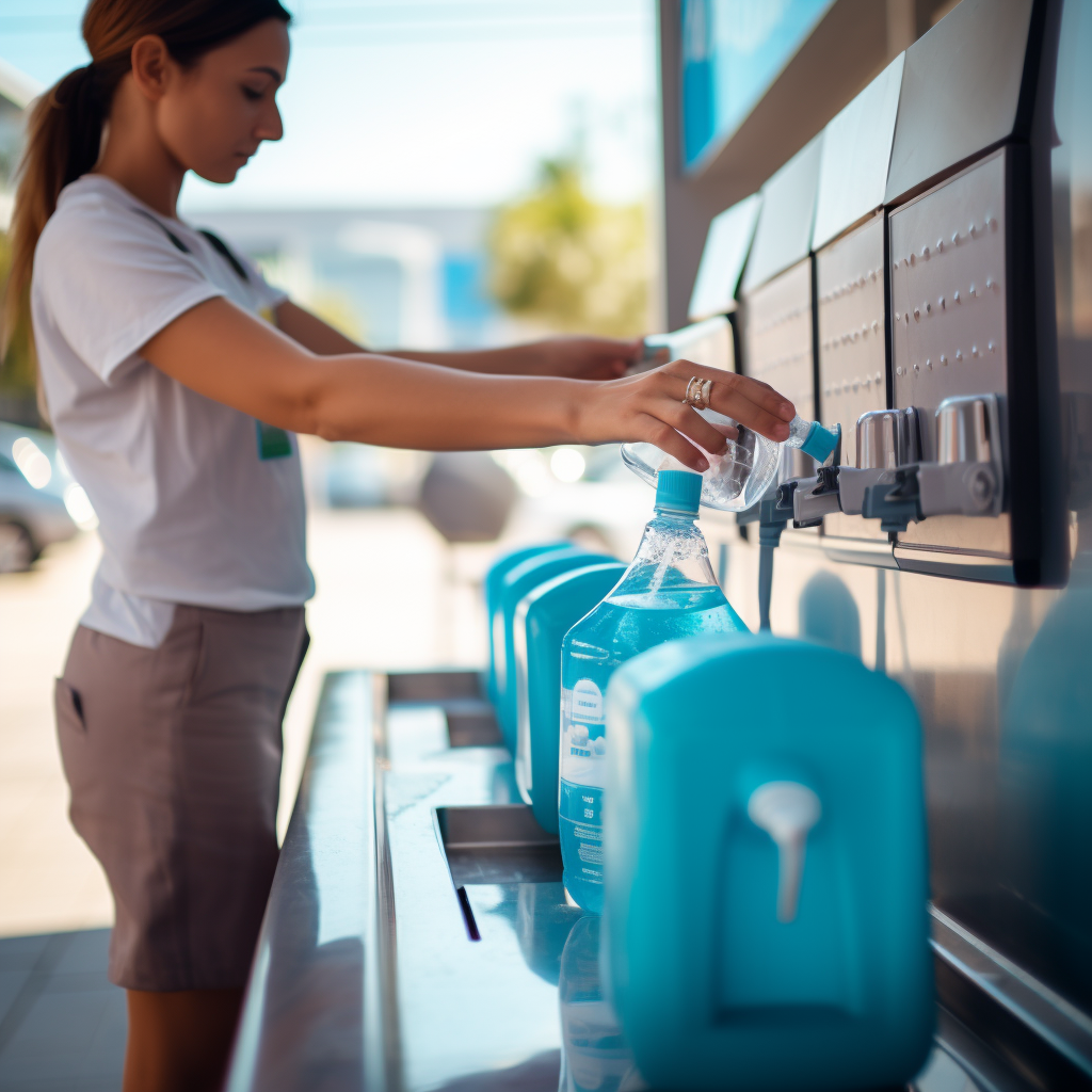 refilling their reusable cleaning supplies bottle at a refill station