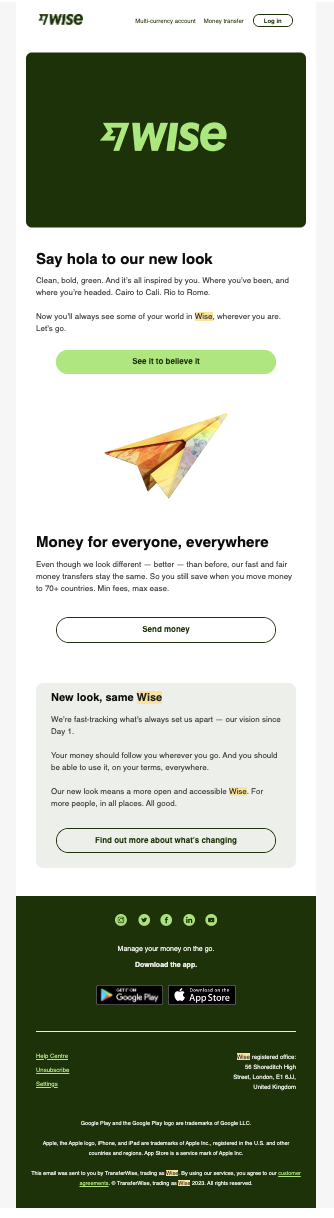 SaaS Rebranding Announcement Emails: Screenshot of Wise's email announcing their new brand colors
