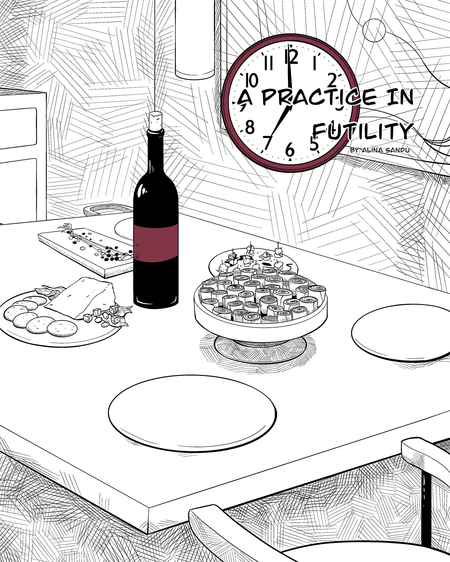 Title page featuring finished dinner scene in black and white, Practice in Futility short story comic, Alina Sandu Richmond, Vancouver, BC, Canada