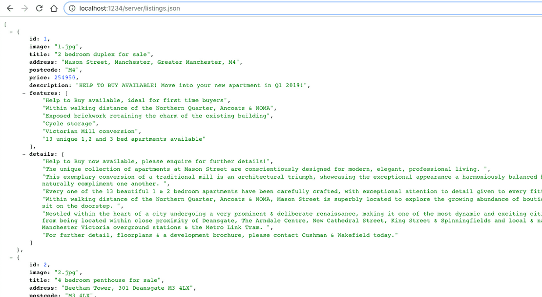 Listings data from the web server Listings data from the web server