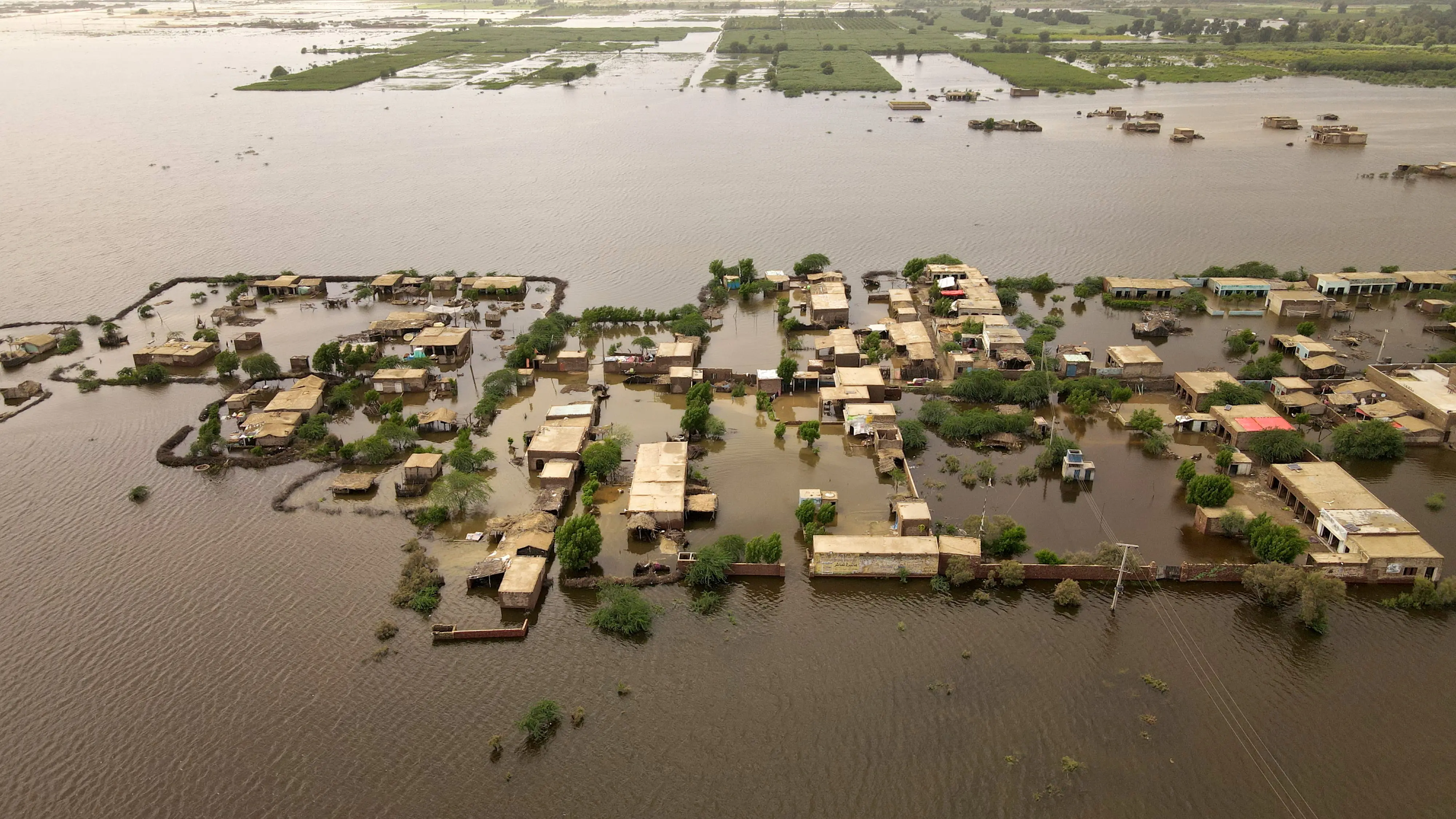 A village underwater in Sindh province Pakistan, part of the 2022 monsoon floods in Pakistan