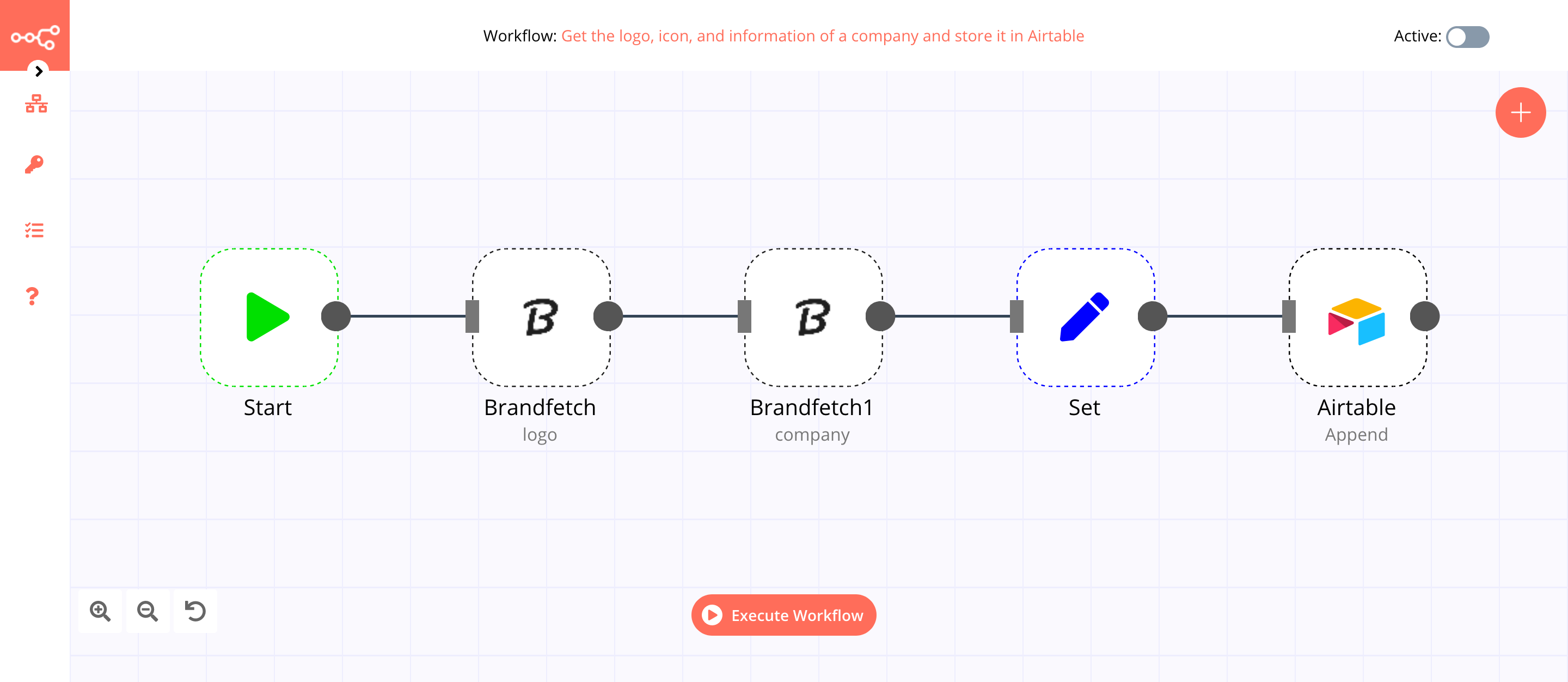 A workflow with the Brandfetch node