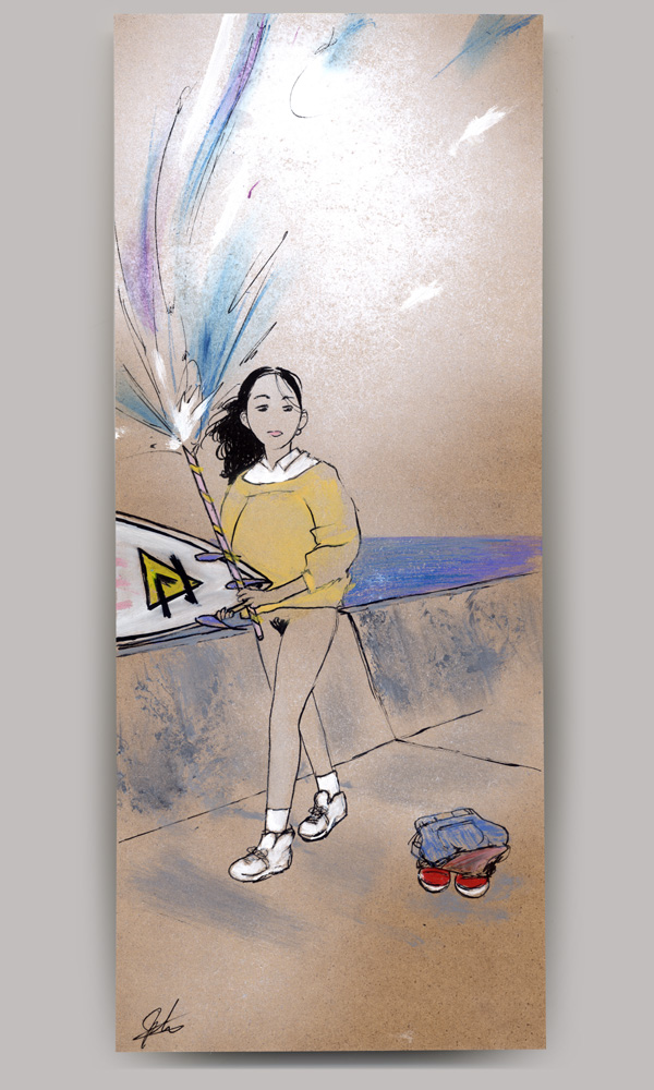 An acrylic painting on wood panel, titled 'A Scene at the Sea', of a young woman walking along a sea wall without pants. She is holding an active roman candle while also holding the tail-end of a surfing board that extends off view.
