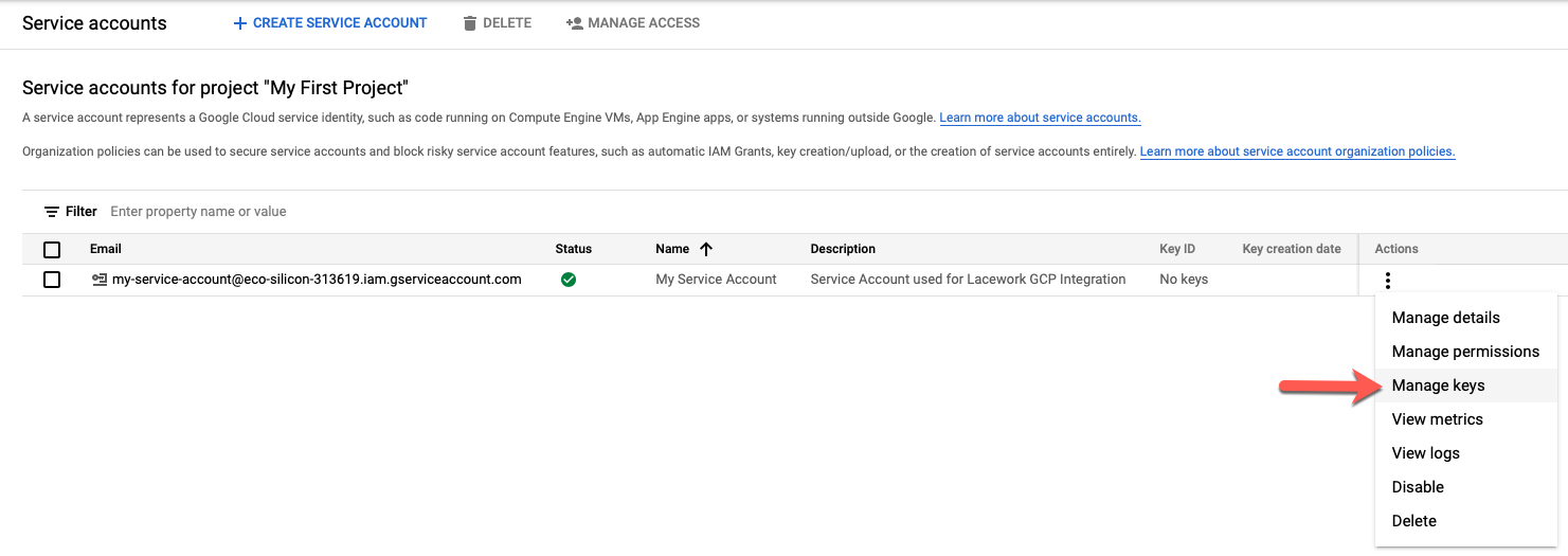 Create a GCP Service Account and Grant Access Lacework Documentation